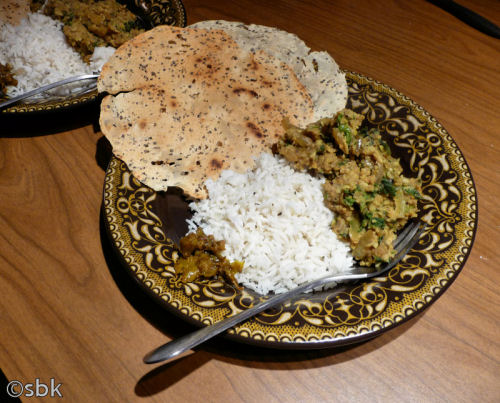 Nettle Dhal served with basmati rice, spicy papad and chilli pickle.